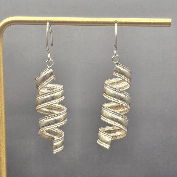 VTG Sterling Silver 925 Spiral Dangle Earrings 1.75" Etched 3.73g - Picture 6 of 6